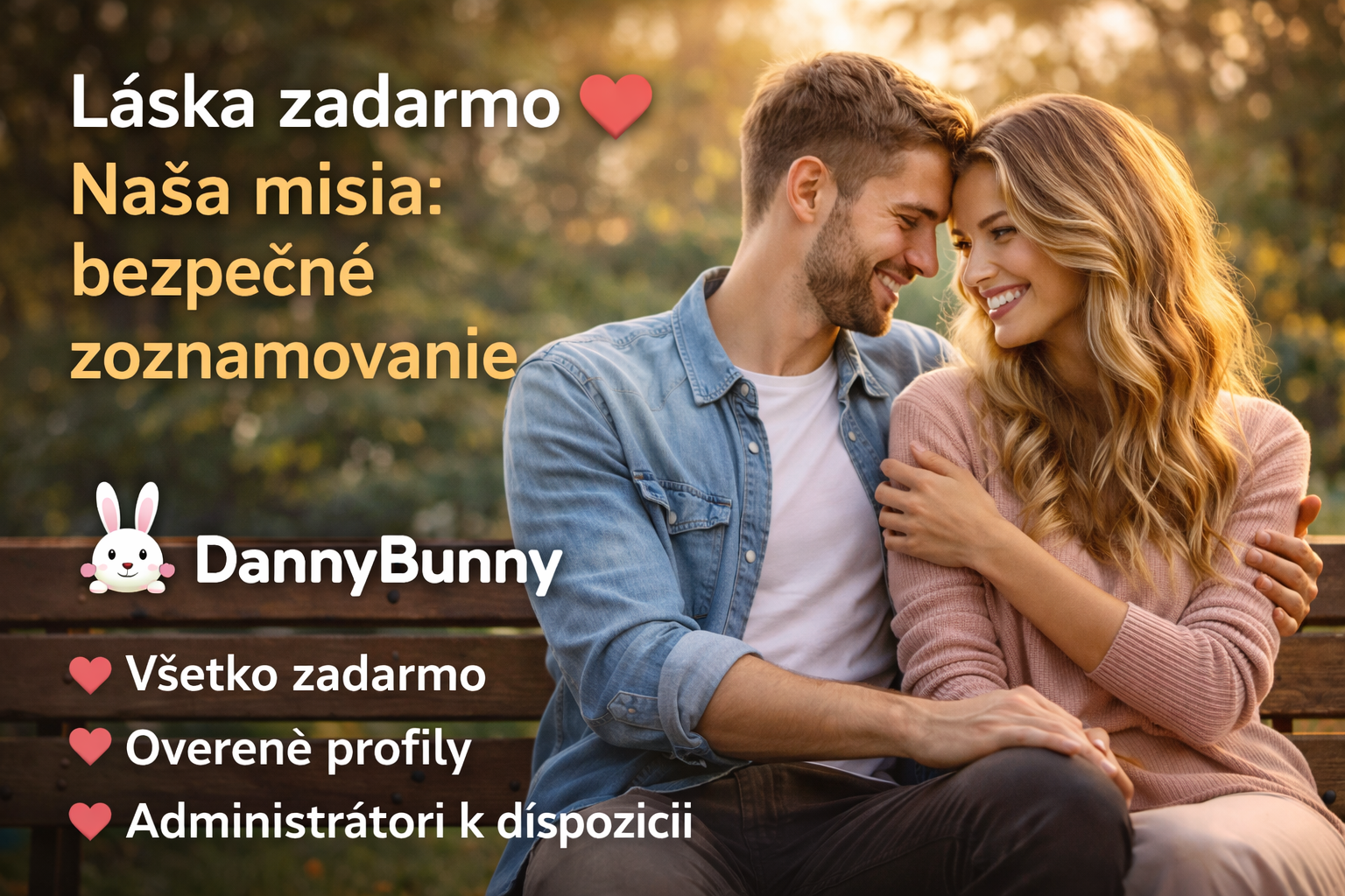 alt="Usmievajúci sa pár sediaci spolu na lavičke v parku – bezpečné bezplatné online zoznamovanie na DannyBunny"